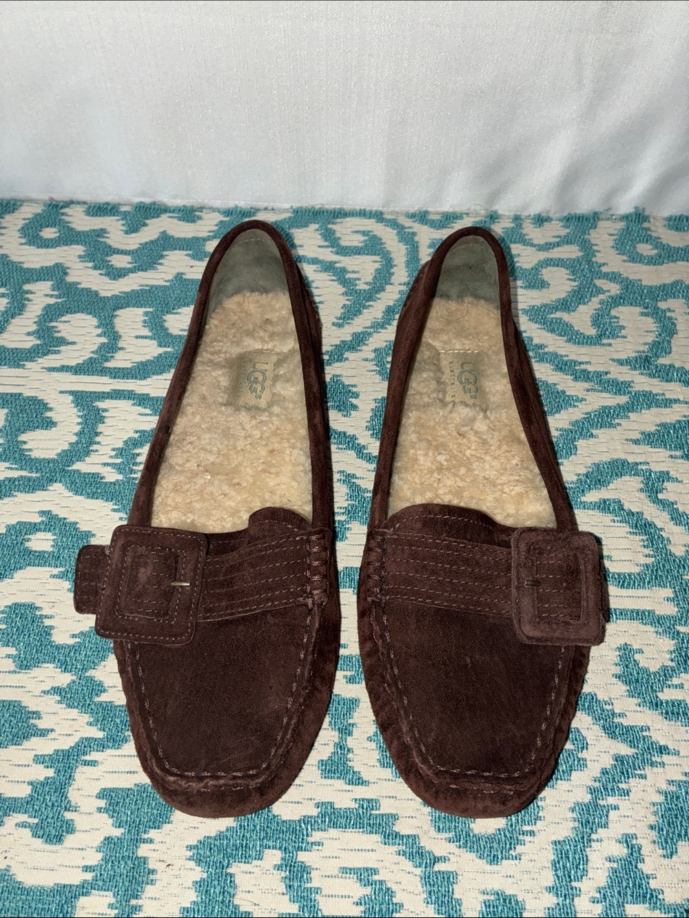 UGG Women’s Dark Brown Suede Shearling-Trim Loafers Sz 8